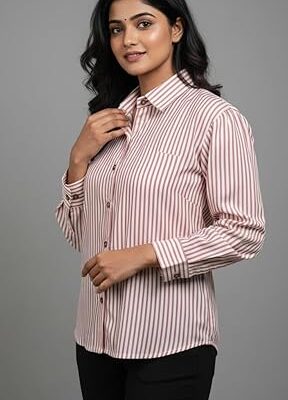 Classic Cotton Striped Button-Down Shirt, Red and White, Long Sleeve, Casual Wear